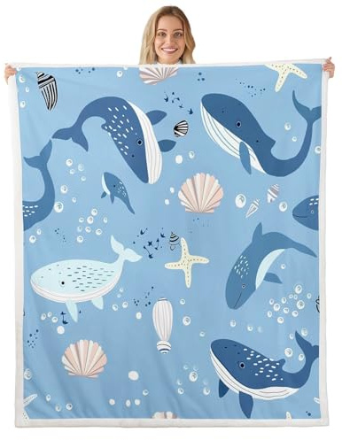 Homemissing Kinder Wal Decke 150x200cm Jungen Mädchen Fische Kuscheldecke Set Muscheln Wohndecke Set Unterwasser Welt Meereslebewesen Sealife Bettdeckenbezug
