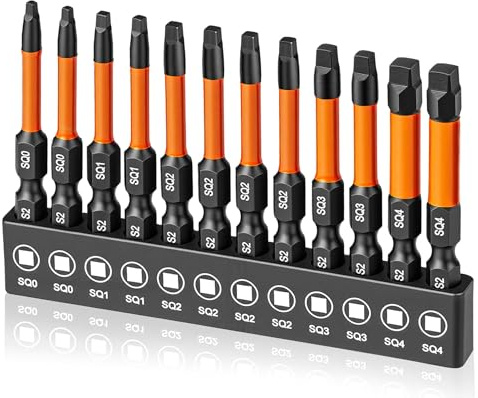 Saipor Set di 12 punte quadrate, 50 mm, set di punte per cacciavite quadrato S2, in acciaio da 1/4, magnetico, per avvitatore a batteria, dimensioni #0, 1, 2, 3 e #4