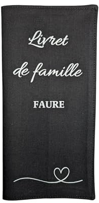 Étui Livret de Famille Personnalisable en Tissu, Noir avec Texte argenté, Protège-Documents