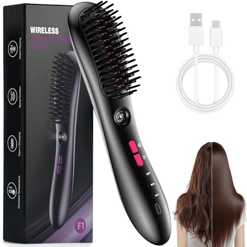 Glättbürste, Warmluftbürste für kurze Haare, Stylingbürste für kurze Haare – kabellos mit Pflegespray, gegen Haarknoten, glättet, 25s Keramikheizung, 3 Stufen, reisefreundlich, haarschonend.
