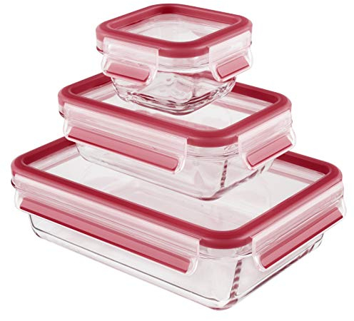 Emsa Clip & Close Set de 3 Conservadores Hermético de Cristal de borosilicato de 0,2 L 0,5 L y 1,3 L, higiénico, no retiene olores ni sabores 100% Libre de BPA, Transparente/Rojo, 17.5x17x24 cm