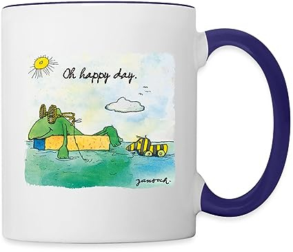 Spreadshirt Janosch Günter Tigerente Oh Happy Day Am See Tasse, Weiß/Kobaltblau, 325 ml, Keramik, Henkel, Tasse