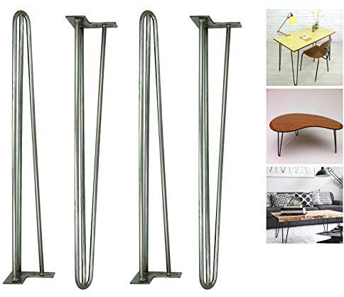 DICN 28” Hairpin Raw Steel Table Legs Unfinished Industrial Mid Century Modern Style, 3 Rod, Pack of 4, Heavy Duty Metal Coffee Bench Furniture Leg Feet DIY Project