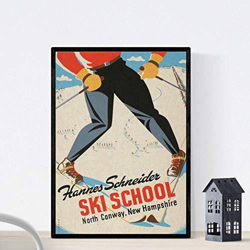 Nacnic Alte Reise Werbeplakat. Bunte Werbung aus dem letzten Jahrhundert für Reisebüros. Ski Schule in New Hampshire. A3 ohne Rahmen.