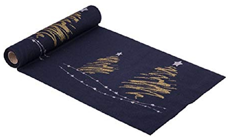 Miss Lovely Modernes Tischband Tischläufer in Marine-blau & Silber & Gold Metallic mit Tannen-Bäumen & Sternen aus Leinen Stoff-Tischdecke Tisch-Dekoration Weihnachts-Deko Weihnachten & Advent