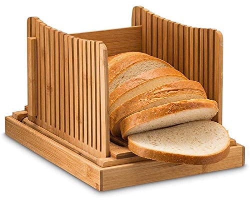 qiuqiu Folding Bamboo Bread Slicer, Bread Slicing Guide with Crumb Catcher Tray Bamboo Bread Slicers, Bread Cutting Board for Loaf Cakes, Toast Slicer Sandwich Maker