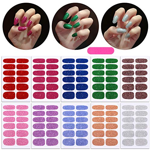 MWOOT 10 Feuilles Pailleté Autocollants Décalcomanies pour Ongle,Couleur Pailleté Unie Auto-adhésif Nail Art Sticker Decals,Adhésives Nail Wraps Décoration avec Lime à Ongles