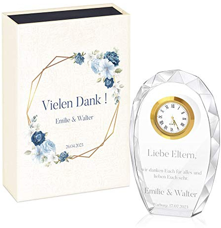 Maverton Glas-Statuette mit Uhr - Statuette mit Gravur - in personalisierter Box - Kristall Statuette - Uhr mit 3D-Gravur - für Paare - Ehepaare - Brautpaare - Kranz