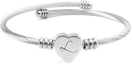 ShopINess Pulsera Corazón con Inicial A-Z Color Plata para Mujer, Pulsera Abierta Ajustable, Joyería Regalo para Hija, Mamá, Amigos, Pareja – Ideal para Cumpleaños, Navidad y Ocasiones Especiales (L)