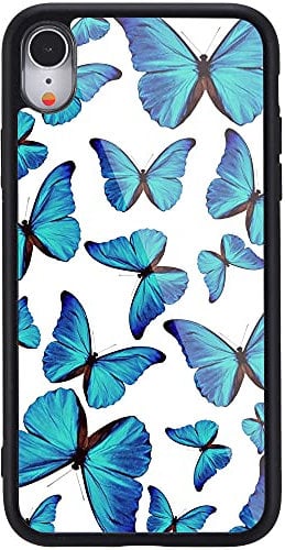 MAYCARI for iPhone XR Case Cute Blue Butterfly Pattern Design Hard Back Case with Soft TPU Bumper for Girls Children Women Protective Phone Case for iPhone XR