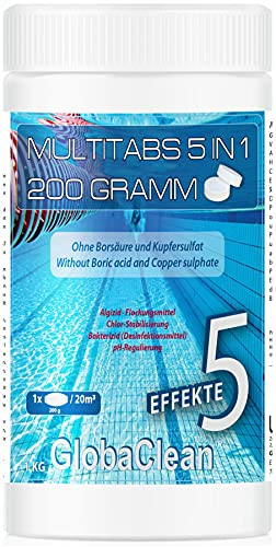GlobaClean Chlor Multitabs 5 in 1-200g Chlortabletten für Pool - 1kg - 5-Phasen Wirkung für sichere und saubere Poolpflege - Made in Europe - für kristallklares und hygienisches Poolwasser