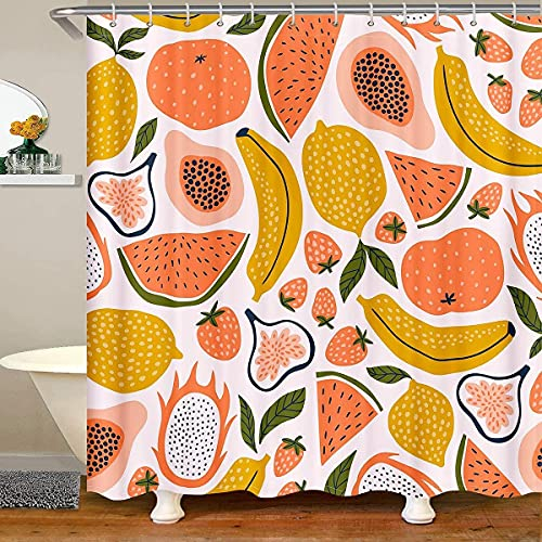 Obst Duschvorhang Textil Erdbeer Wassermelone Duschvorhang 180x200cm für Kinder Erwachsene Süße Papaya Zitrone Pitaya Badvorhang Karikatur Tropische Frucht Waschbar Duschvorhang Bunte Dekoration
