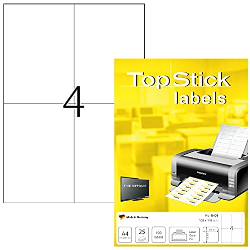 TopStick 8409 Universal Etiketten, 800 Blatt, 105 x 148 mm, 4 pro A4 Bogen, 3200 Stück, selbstklebend, bedruckbar, matt, blanko Papier Klebeetiketten Aufkleber, weiß