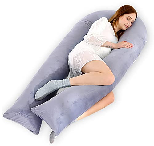 CALIYO Schwangerschaftskissen U Form, Seitenschläferkissen mit Bezug, Stillkissen groß, Pregnancy Pillow und Komfortkissen für Erwachsene (Grau, Kristallvelour)