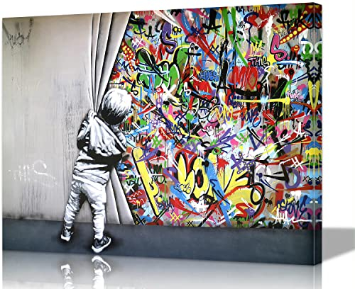 Banksy Leinwandbild hinter dem Vorhang, Poster, Graffiti-Wandkunst, bunte Wanddekoration, Banksy-Wandkunst, Pop-Art, Graffiti-Dekor, gerahmte Straße, Schlafzimmer, Dekoration (30.5 cm Hx45.7 cm)