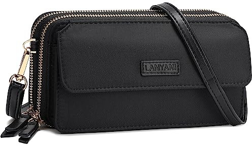 Lanyani RFID Crossbody Wallet Wristlet Purse with Phone Pocket For Women Vegan Leather, Zh-black, S