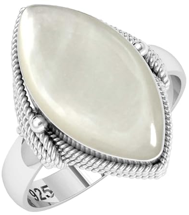 Jeweloporium Weiß Natürlich Perlmutt 925 Silber Ringe für Damen Edelstein Handgefertigt Silber Ringe Größe 67(21.3) Weihnachten - Geschenk Cocktail Schmuck
