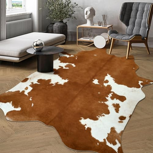 DweIke Premium-Teppich aus Kuhfellimitat, 1,4 x 1,6 m, Tierfell-Teppich, geeignet für Schlafzimmer, Wohnzimmer, westliche Dekoration, Teppiche für Esszimmer, Büro, Tierhaut, gelbbraun