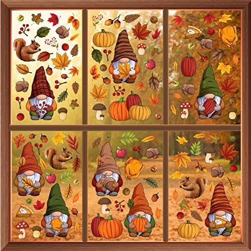 WALPLUS Autumn Window Stickers Clings Home DecorationsRemovable Reusable Double-Sided Print Decals for Glass Living Room Autumn Leaves with Thaksgiving Gnomes 210 Pieces, C2WSW018, One Size