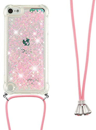 Handykette Handyhülle für iPod Touch 5/6 / 7 Hülle,Glitzer Quicksand kreatives Fließende Flüssigkeit schwimmt Silikon Case mit Umhängeband Handykordel Band Kette für iPod Touch 5,GS Pink Star