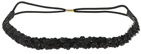 Schwarzes Sequin Damen Haarband - Dünnes elastisches Hairband Einheitsgröße - Headband für die Hochzeitsfrisur oder Strass Pailletten Party - Glänzendes Stirnband Look Boho Hippie