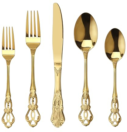 SHEUMNT Wunderschönes Retro Royal Gold Edelstahl 20-teiliges Besteckset, goldenes Essbesteck Set, rostfreier Edelstahl, goldenes Besteckset, Utensilien inklusive Gabel, Löffel und Messer