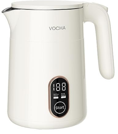 VOCHA Mini Elektrischer Wasserkocher, 0.4L Tragbarer Reisewasserkocher klein mit Warmhaltefunktion, LED Berührungsbildschirm Elektrischer Wasserkessel, Schnell Kochend & Edelstahl Innen, 450W (Weiß)