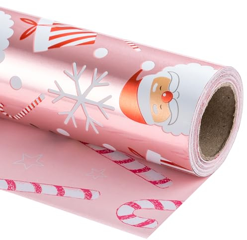 LeZakaa Wendbares Weihnachts-Geschenkpapier-Rolle – Metallfolie mit Weihnachtsmann und Zuckerstange in Pink – 43,2 cm x 32,8 Fuß (46,45 m²)