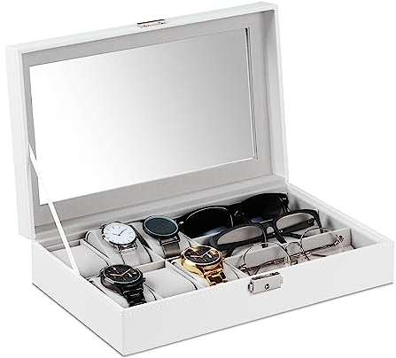 Relaxdays Schmuckaufbewahrung, Schmuckkasten für 3 Brillen, 6 Uhren & Schmuck, HBT: 8 x 33 x 20 cm, Lederoptik, weiß