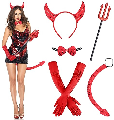 SelfTek 5-Teiliges Teufelshörner Kostüm Set, Teufel Kostüm Damen Sexy, Halloween Kostüm Damen Teufel, für Damen Halloween Cosplay Maskerade Karneval