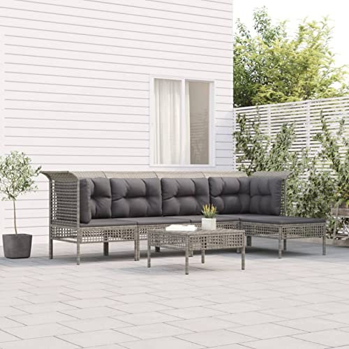 BULANED 6-TLG. Garten-Lounge-Set mit Kissen, Gartenmöbel, Balkonmöbel, Gartenlounge, Terassenmöbel Außen, Sitzgarnitur Garten, Loungemöbel Balkon, Grau Poly Rattan