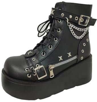 LeaHy Women Ankle Boots Goth Punk Buckle Chain Lace Up Boots Platforms Wedge High Heel Boots,Black,6 UK