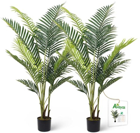 Aveyas 5ft Artificial Palm Tree for Home Decor, 5 Feet Faux Plant Fake Silk Tropical Kentia Areca Trees with Pot for Indoor Outdoor House Living Room Office Porch Garden (5 ft Tall) - Set of 2 Pack