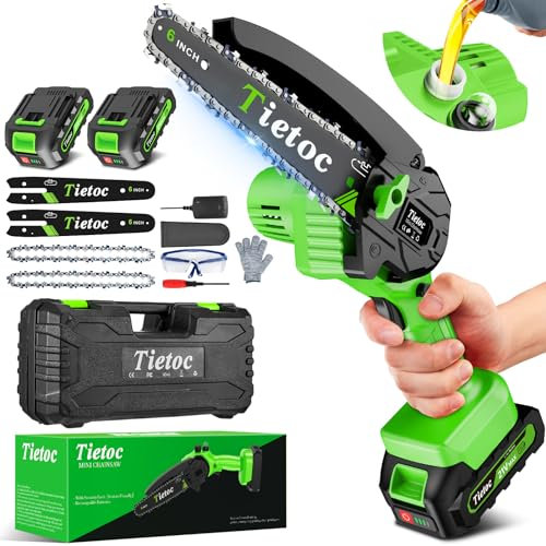 tietoc Mini motosierra inalámbrica de 6 pulgadas [apta para jardineros] Sierra de cadena recargable de mano con 2 baterías, pequeñas motosierras eléctricas alimentadas por pilas para cortar