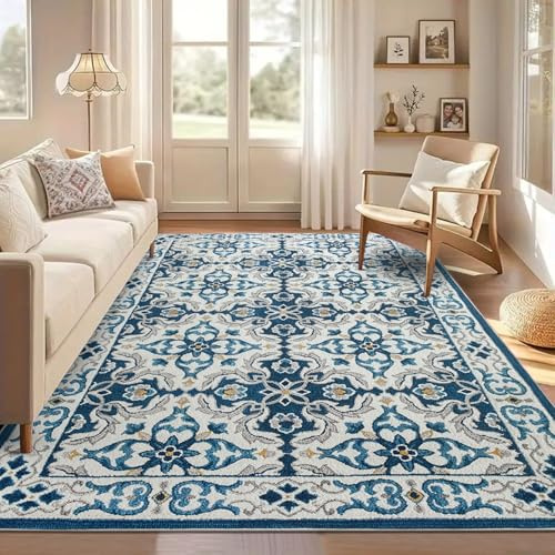AMEHA Rugs Living Room 120 x 170 cm - Blue Area Rugs for Bedroom (Luna) | Easy to Clean Non Slip Modern Carpet Non Shedding Traditional Design Vintage Durable Soft Low Pile Large Rug for Kids Room