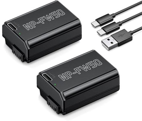 Powerextra NP-FW50 Replacement Battery 2-Pack 1500mAh with Direct Type-C Charging for Sony ZV-E10, A7S II, A7S, A7R II, A7R, A7 II, Alpha A6500 A6400 A6300 A6000 A5100 A5000, RX10 II III IV Cameras