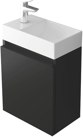 Alpenberger Gäste WC Waschbecken mit Unterschrank 45 cm | Badezimmerschrank Schmal | Badmöbel Set Waschplätze für Kleine Bäder | Waschbeckenunterschrank (Schwarz Matt, Waschbecken - Rechte Seite)