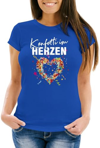 MoonWorks® Damen T-Shirt Fasching Karneval Konfetti im Herzen Kostüm-Ersatz Verkleidung Funshirt Frauen blau XXL
