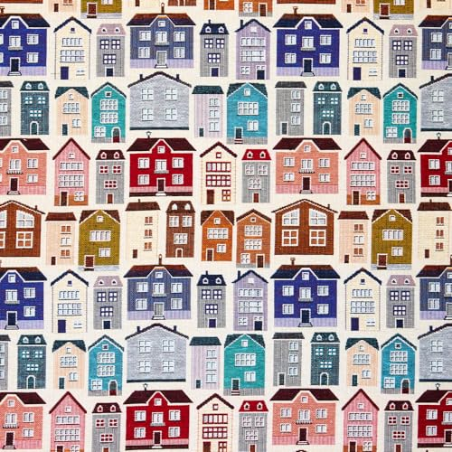 Kt KILOtela - Polsterstoff, Jacquard Gobelin, Stuhlbezug, Kissen, Kopfteil, Sofa, Taschen, verschleißfest, Nähen, 100 cm Länge x 280 cm Breite, bunte Häuser - 1 Meter