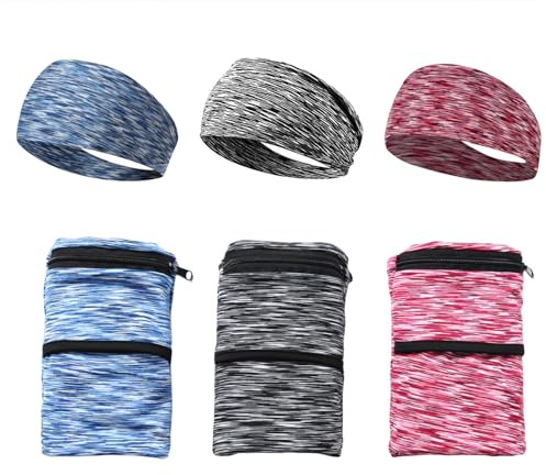 bbfly Sac de poignet de sport avec fermeture éclair pour course à pied, jogging, marche, cyclisme, yoga, etc (L, Noir, Bleu + Rouge + 3 sangles d'écouteurs)