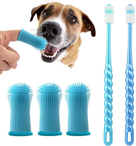 Brosse a Dent Chien, 360° Brosses à Doigts pour Chien et Chat, Rafraîchit l'Haleine & Élimine la Plaque Dentaire, Pour le Nettoyage et le Soin des Dents du Chien Lot de 5 (Bleu)