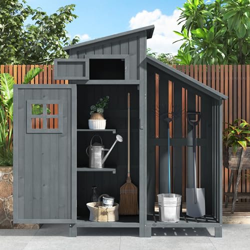 Merax Gerätehäuser Gerätehaus Schrank Brennholzlagerraum Geräteschuppen Geräteschrank Kompaktes Gerätehaus für kleine Gärten - BxTxH: 124x46x174 cm Grau