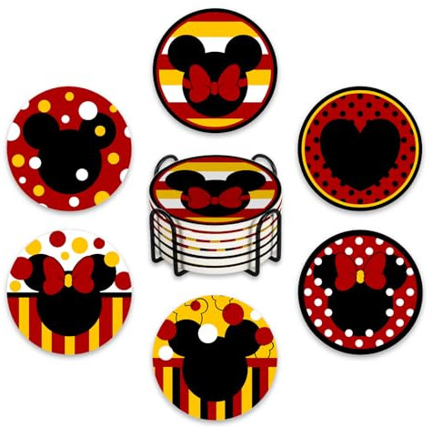 Paayna Cute Cartoon Mouse Drink Coasters with Holder Set of 6, Red Yellow Absorbent Ceramic Cup Mat for Coffee Table Protection, 4 Inch Polka Dot Stripes Home Kitchen Decor Housewarming Gifts