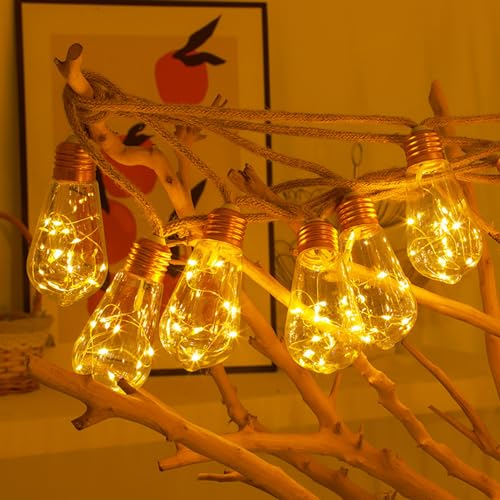 XRR Solar Lichterkette Aussen, 7.5M 16 Glühbirnen LED Solar Lichterkette Garten 8 Modi Vintage Hanfseil Warmweiß Lichterkette, Wasserdicht Lichterkette Außen Strom für Terrasse, Hof, Hochzeit Deko