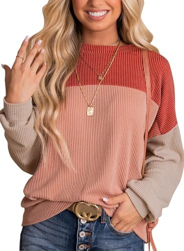 Cuptacc Pullover Damen Herbst Farbblock Locker Rundhals Sweatshirt Damen Casual Langärmeliger Rot XL 46-48