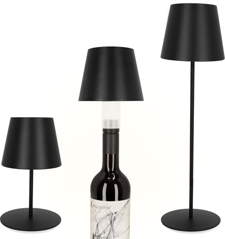 ADE Tischlampe kabellos outdoor | Akku Tischleuchte | stufenlos dimmbare LED Tischlampe outdoor | Höhe individuell anpassbar | Flaschenlampenaufsatz für Weinflaschen | schönes Garten- und Balkonlicht