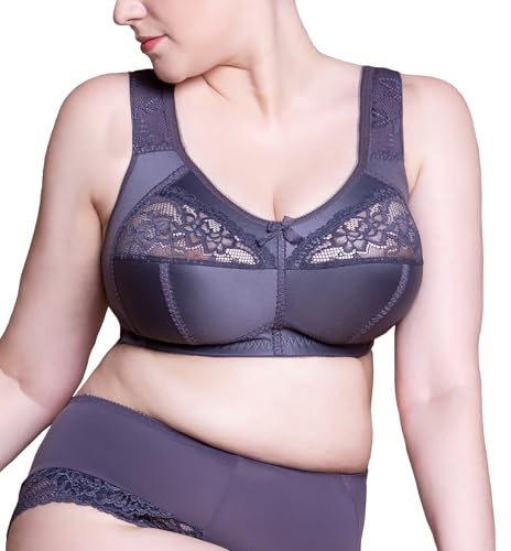 Full Cup Bra, Soft Minimiser, Without Underwire, with Lace, Large Sizes, Wide Straps, Laminated Cotton, Soft, Stable Support, Large Breasts, Comfortable for Everyday Use, dark purple, 40K