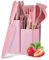 Justup Set de Couteaux de Cuisine Rose 19 Pièces - Bloc, 6 Couteaux et 11 Spatules en Silicone - Ustensiles de Cuisine