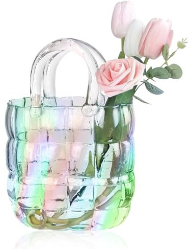 Vase Glas Handtasche, Klare Handgemachte Vase Glas Tasche Einzigartige Handtaschen-Gittervase für Langstielige Blumen, Kleine Glasfischschale, Büro Zuhause Wohnzimmer Esstisch Dekovase Tischvase