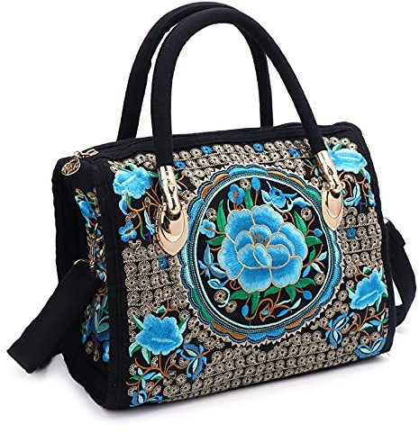 ohodhmnu Damen Tote Bag Frauen Floral Stickerei Handtasche Ethno Canvas Einkaufstasche, Blue Bayberry
